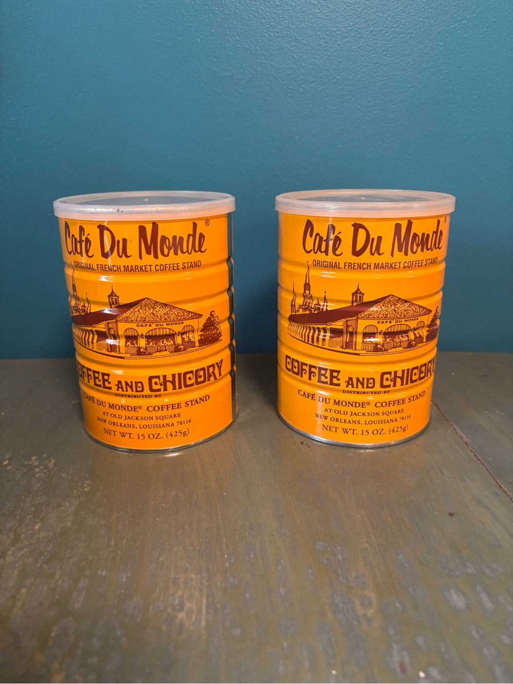 2 Empty Café Du Monde Coffee and Chicory Tins
